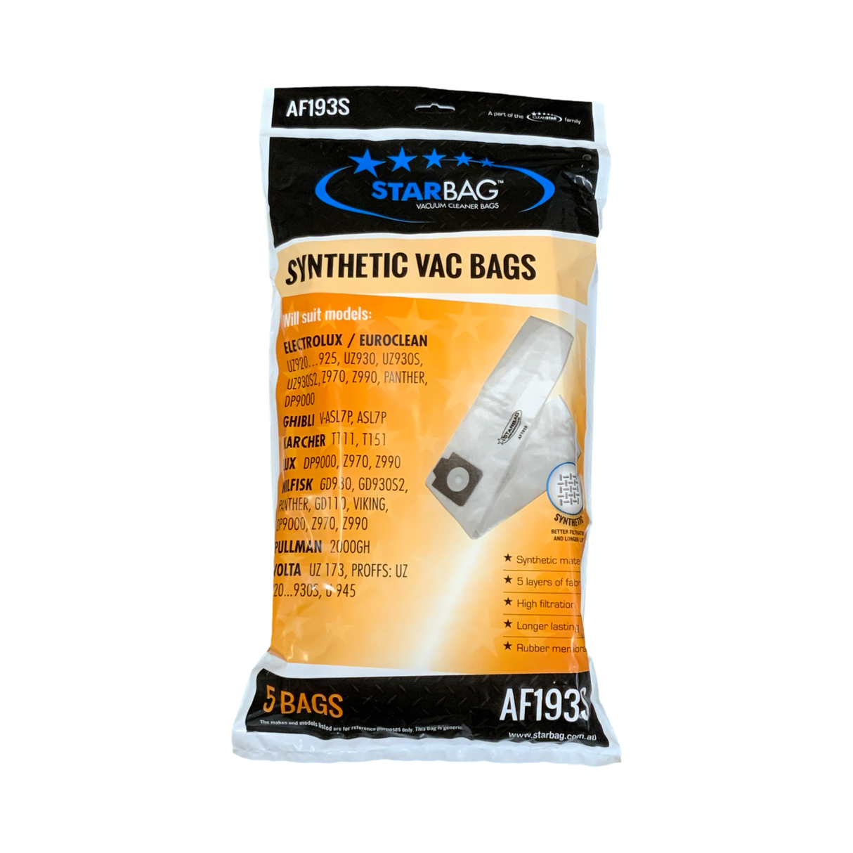 VAC BAG - ELECTROLUX UZ SERIES..(5PK SYNTHETIC) #AF193S