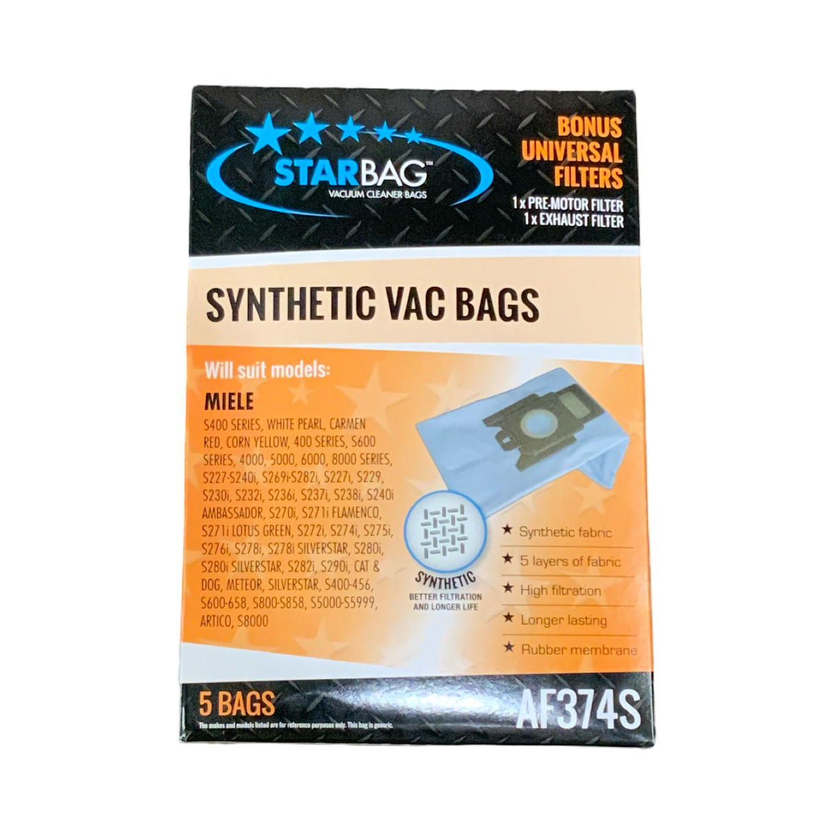 VAC BAG - MIELE S400 S5000, S8000 SERIES (5PK SYNTHETIC) #AF374S