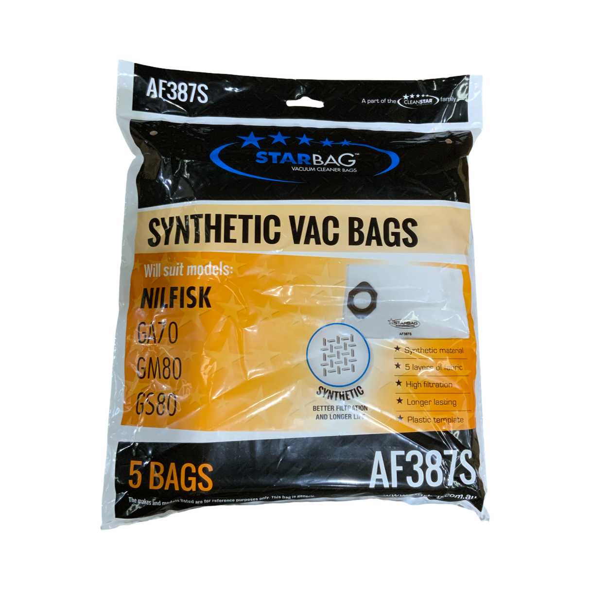 VAC BAG - NILFISK GA70, GM80, GS80 (5PK SYNTHETIC) #AF387S