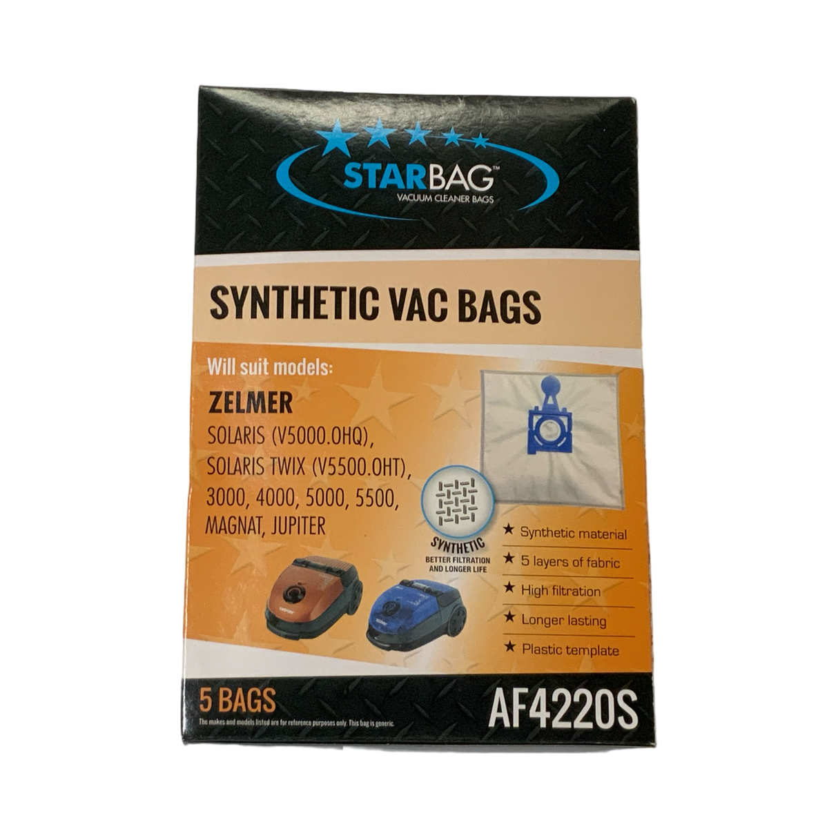 VAC BAG - ZELMER SOLARIS (V5000.OHQ), SOLARIS TWIX (V5500.OHT), (5PK SYNTHETIC) #AF4220S
