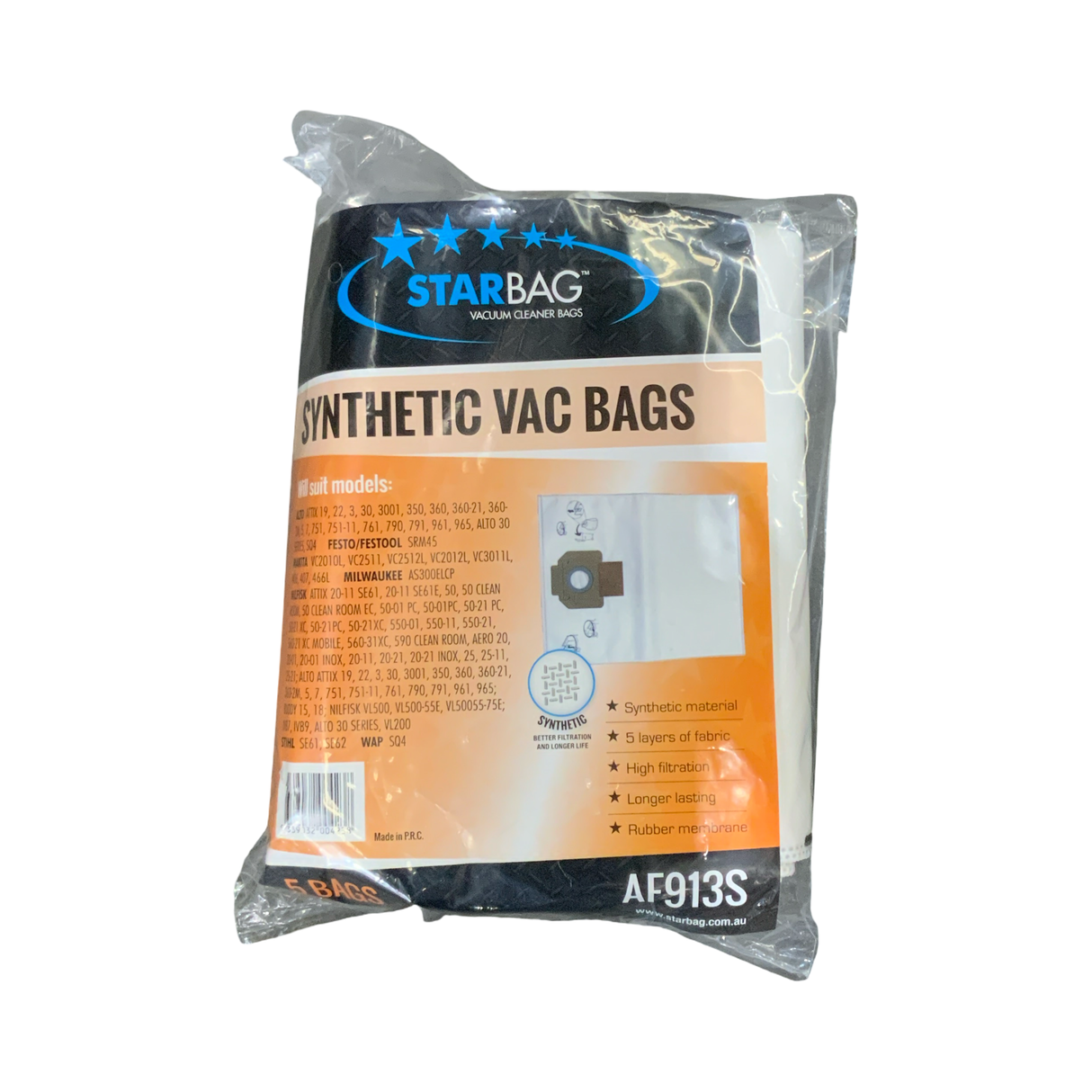 VAC BAG - NILFISK ATTIX 20-11 SE61, 20-11 SE61E (5PK SYNTHETIC) #AF913S