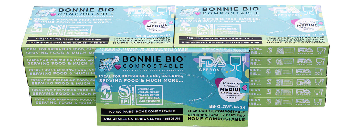 Medium Gloves Compostable - FULL CARTON - BONNIE BIO 24 PACKS - 100 GLOVES PER PACK