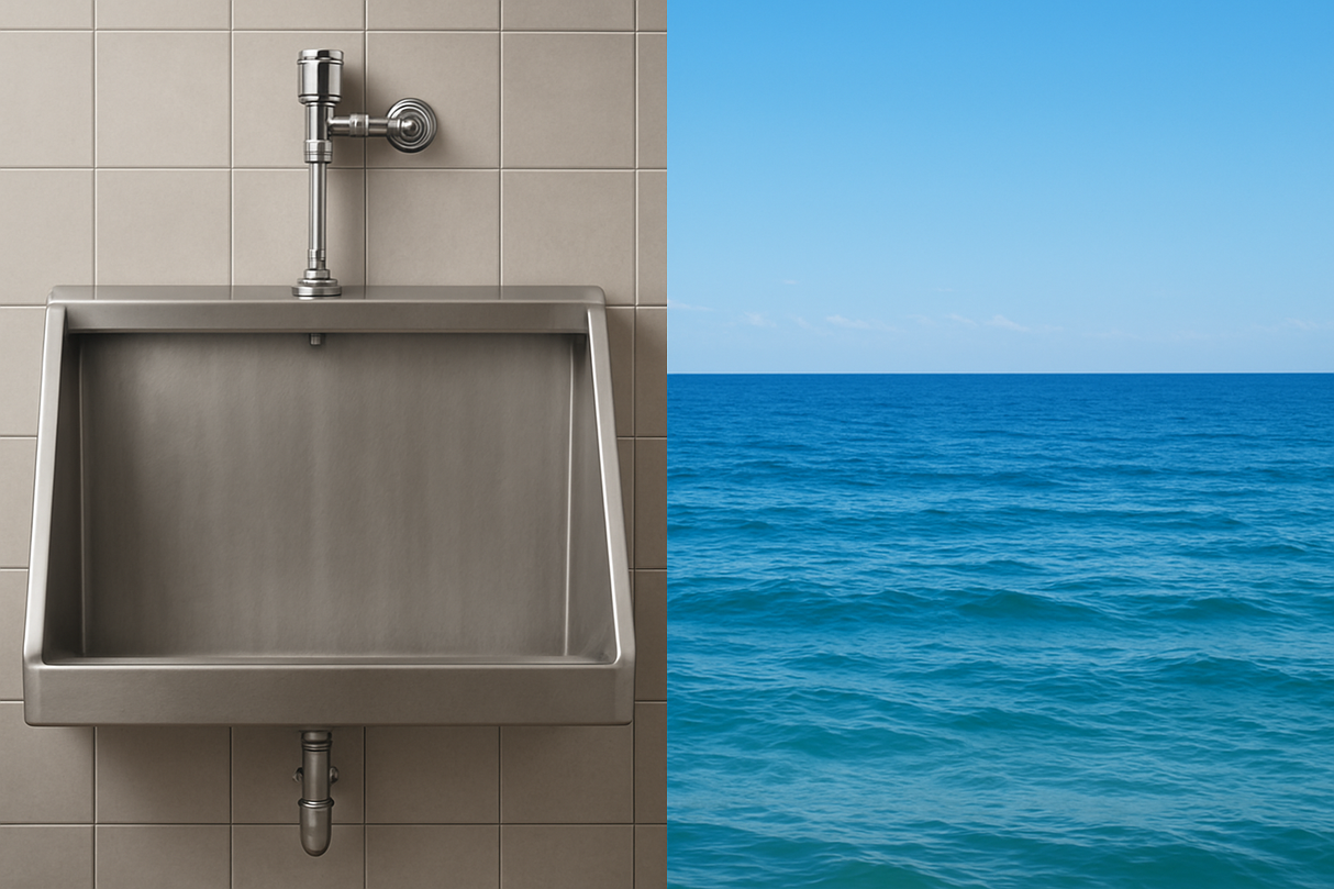 HALF OF THE IMAGE TO BE A STEEL URINAL TROUGH AND THE OTHER HALF OF THE IMAGE TO HAVE AN IMAGE OF THE OCEAN