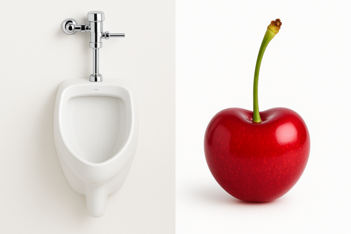 HALF OF THE IMAGE TO BE OF A CERAMIC URINAL AND THE OTHER HALF TO BE A CHERRY