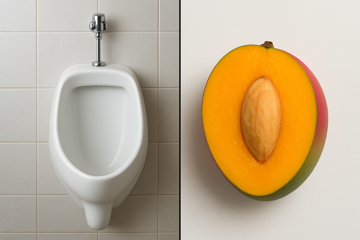 HALF OF THE IMAGE TO BE OF A CERAMIC URINAL AND THE OTHER HALF TO BE A CUT MANGO