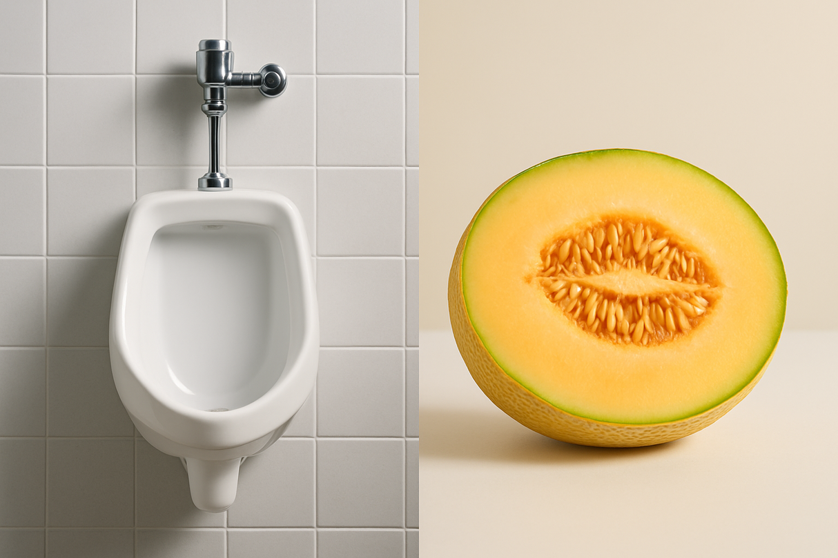HALF OF THE IMAGE TO BE OF A CERAMIC URINAL AND THE OTHER HALF TO BE A CUT YELLOW MELON