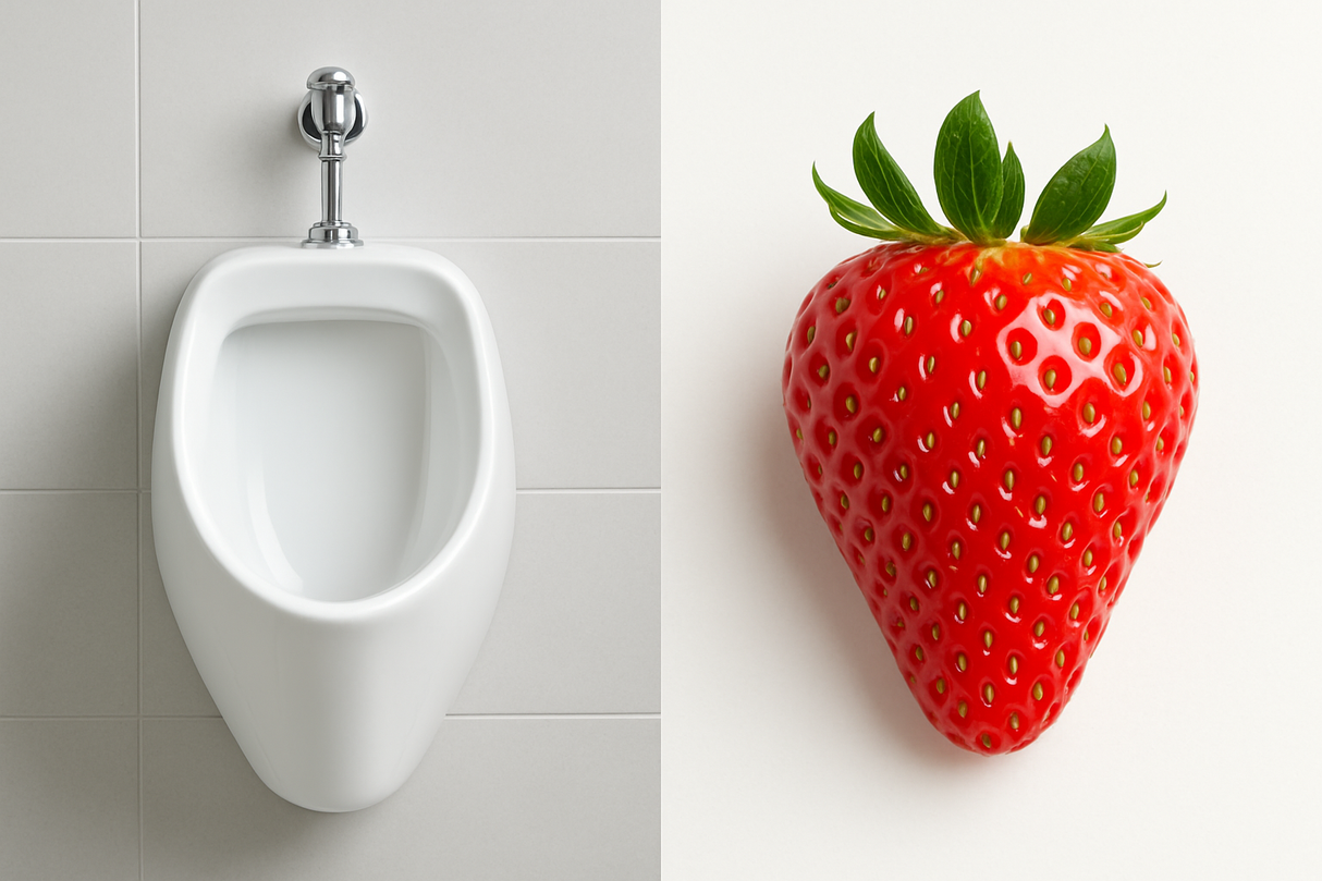 HALF OF THE IMAGE TO BE OF A CERAMIC URINAL AND THE OTHER HALF TO BE A STRAWBERRY