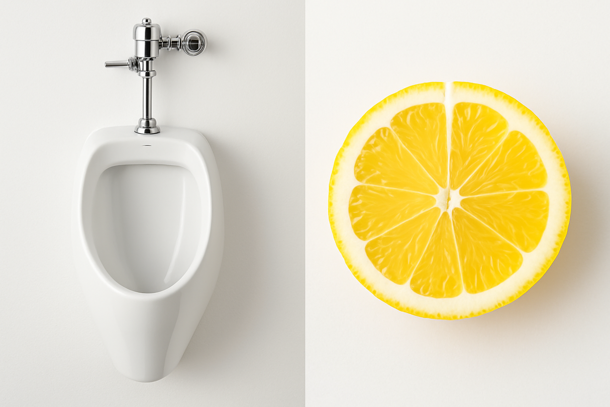HALF OF THE IMAGE TO BE OF A CERAMIC URINAL AND THE OTHER HALF TO BE CUT LEMON