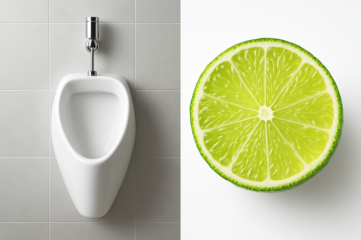 HALF OF THE IMAGE TO BE OF A CERAMIC URINAL AND THE OTHER HALF TO BE HALF A LIME