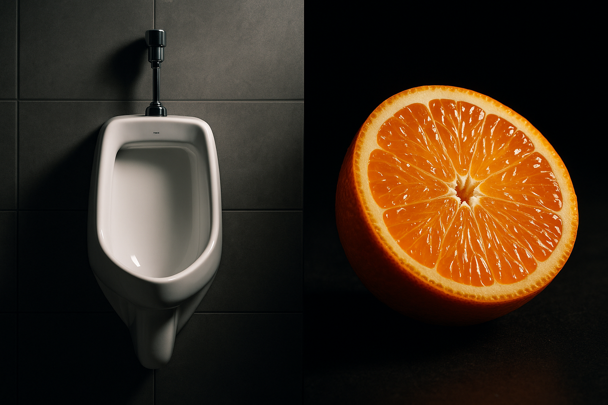 HALF OF THE IMAGE TO BE OF A CERAMIC URINAL AND THE OTHER HALF TO BE HALF A TANGERINE