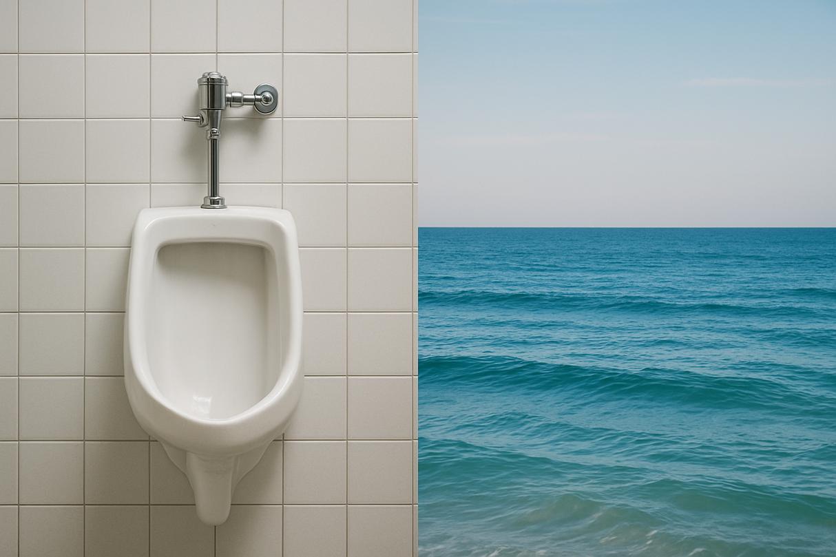 HALF OF THE IMAGE TO BE OF A CERAMIC URINAL AND THE OTHER HALF TO BE OF THE OCEAN