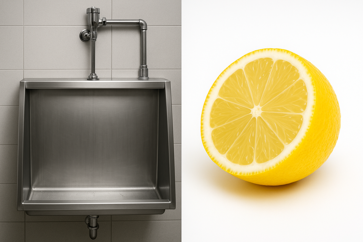 HALF THE IMAGE TO BE A METAL URINAL TROUGH AND THE OTHER HALF OF THE IMAGE TO SHOW A CUT LEMON