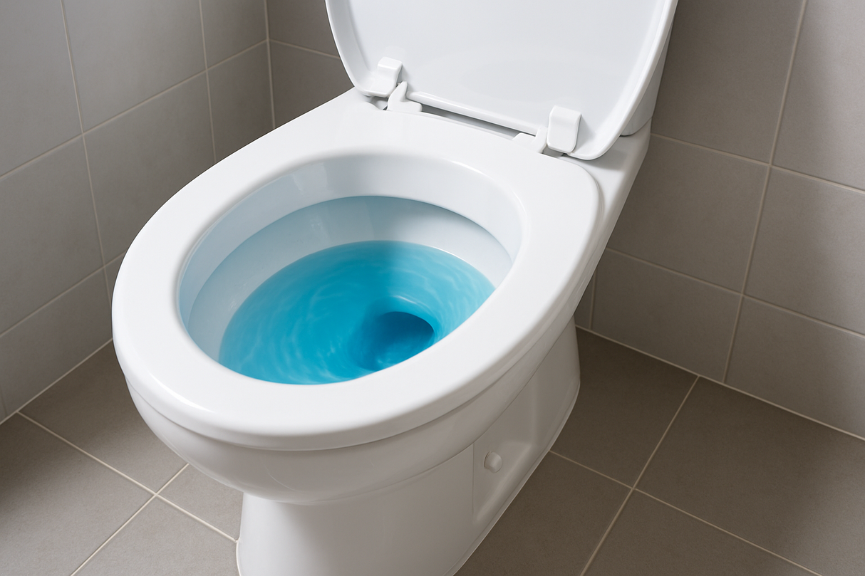 IMAGE OF TOILET BOWL WITH BLU WATER INSIDE