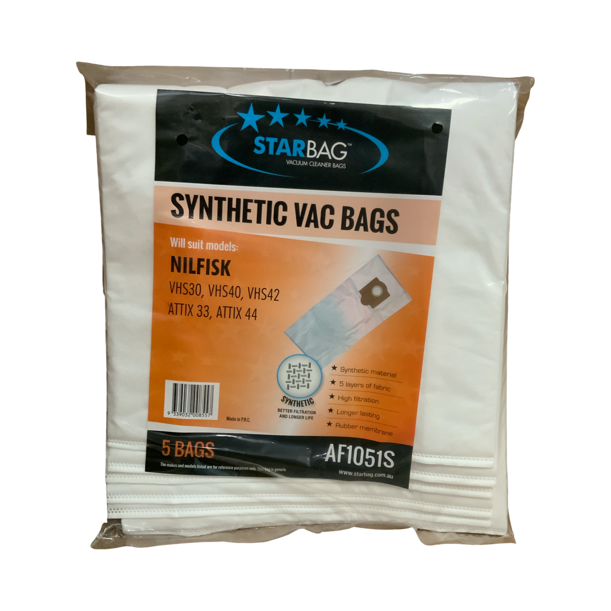 VAC BAG - NILFISK VHS30/40, VHS42, ATTIX 33/44 (5PK SYNTHETIC) #AF1051S