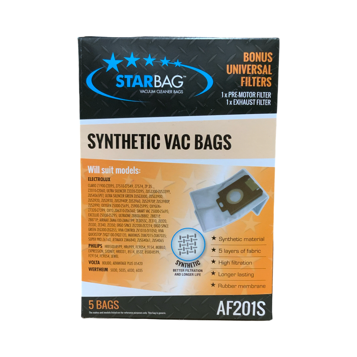 VAC BAG - VOLTA BOLIDO, ADVANTAGE PLUS U5420, EQUIPT UEQ 11,EQUIP UEQ6520T, UEG6500, EASYGO (5PK SYNTHETIC) #AF201S