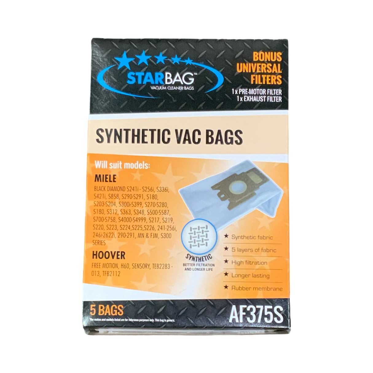 VAC BAG - HOOVER FREE MOTION, H60, SENSORY, TEB2283 - 013, TFB2112 (5PK SYNTHETIC) #AF375S