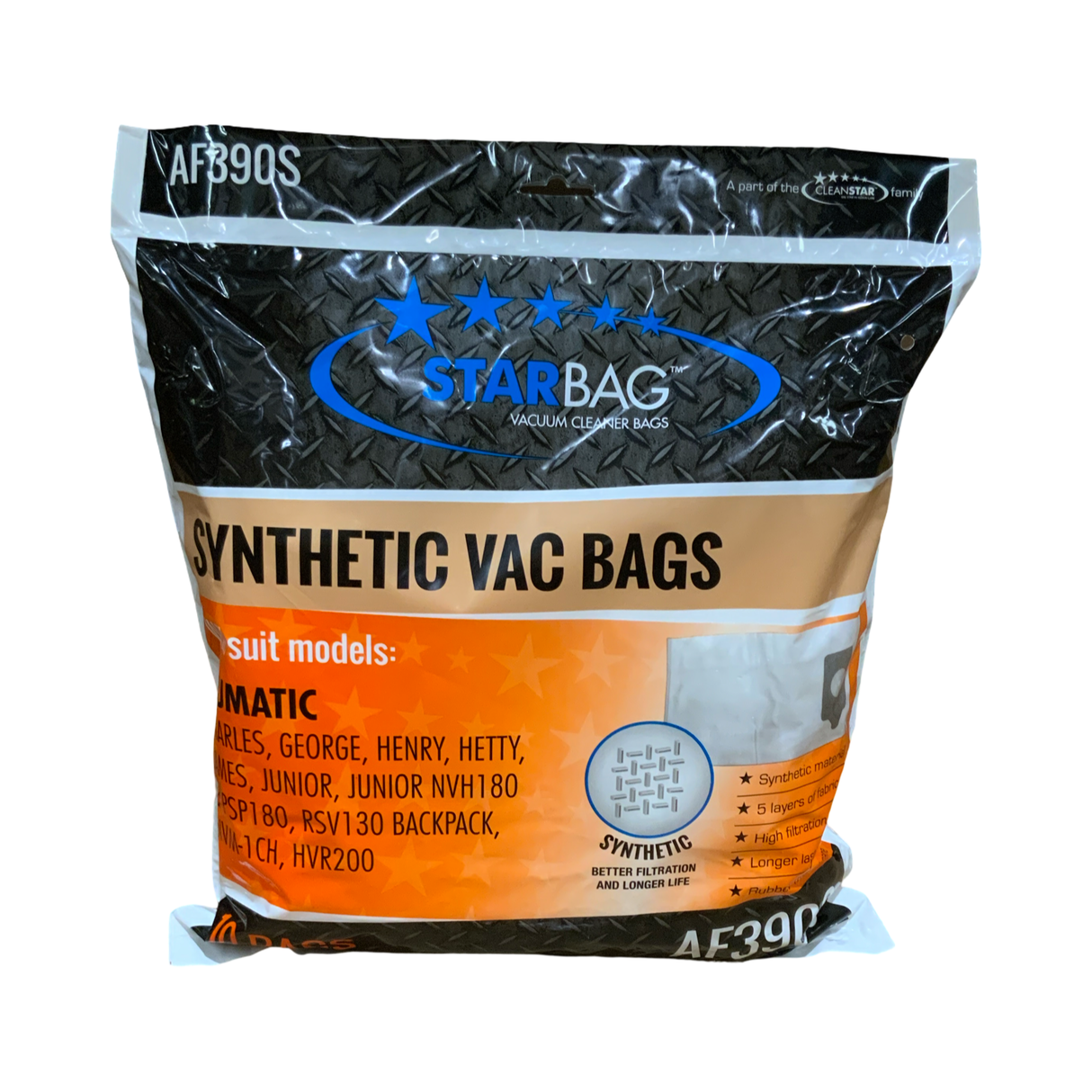 VAC BAG - NUMATIC CHARLES, HENRY, GEORGE, JAMES, HETTY, JUNIOR, (10PK SYNTHETIC) #AF390S
