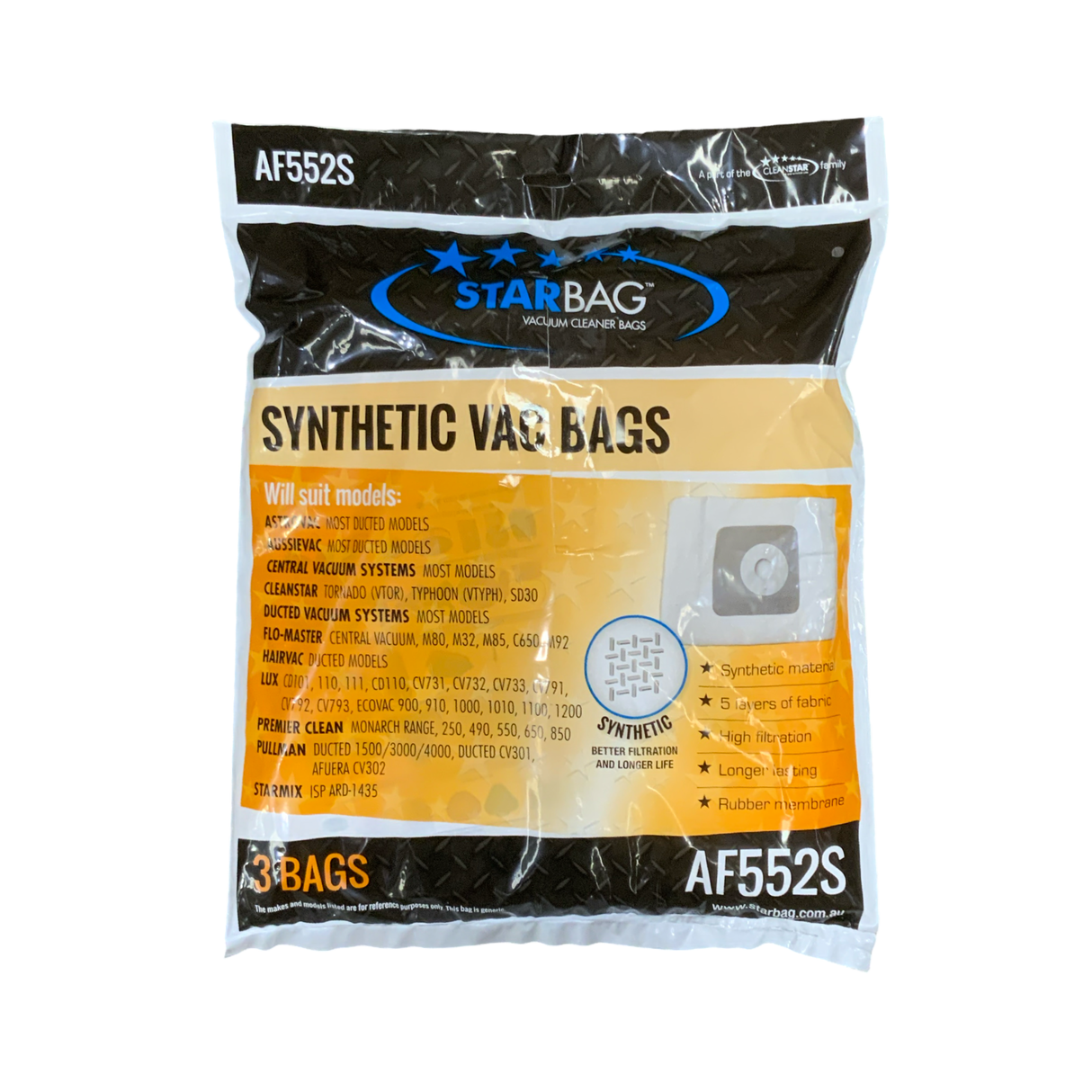 VAC BAG - MANY CENTRAL/DUCTED VACUUM SYSTEMS (3PK SYNTHETIC) #AF552S