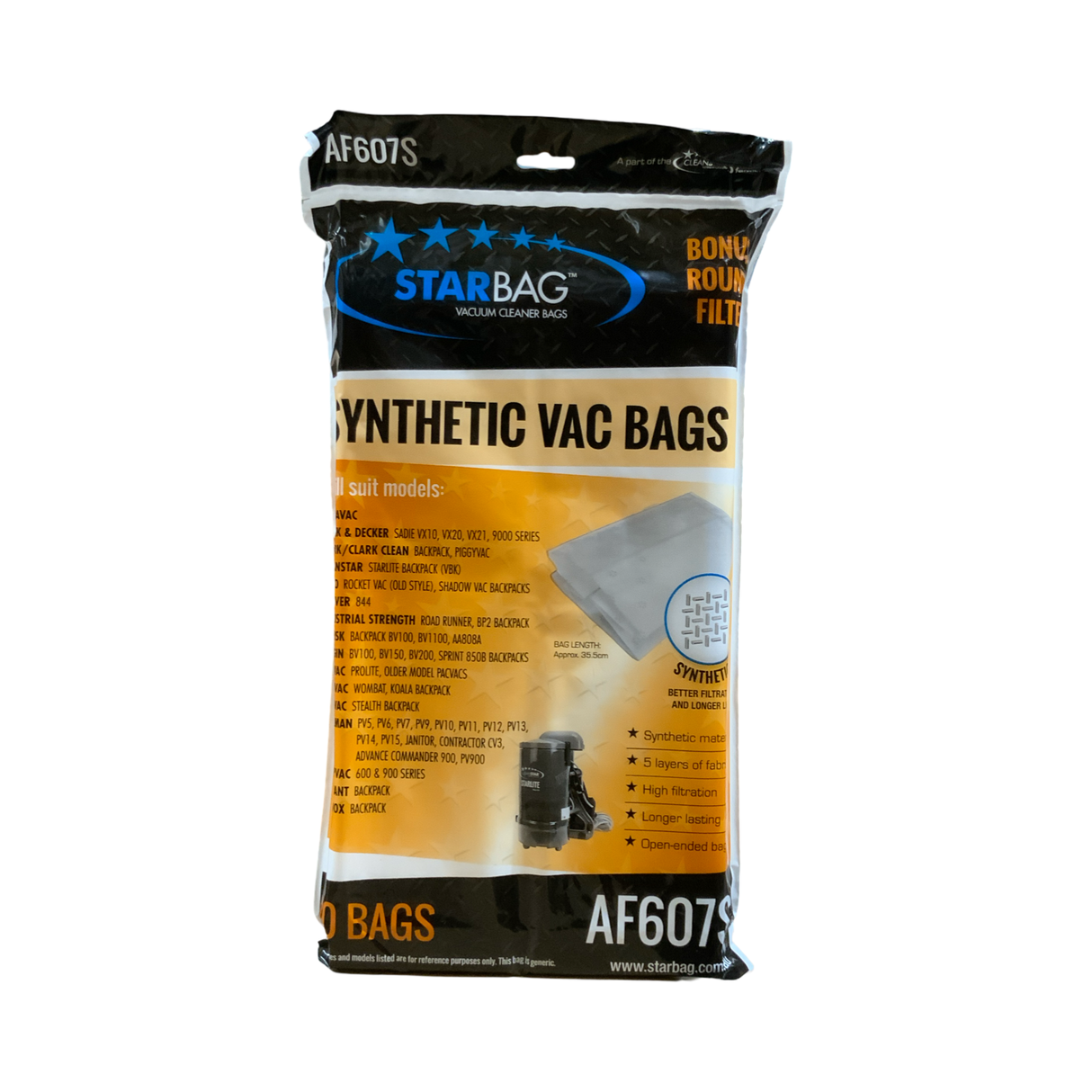 VAC BAG - PULLMAN BACKPACK PV9, PV10, PV11, PV12, PV14, PV15, JANITOR, CONTRACTOR CV3 (10PK SYNTHETIC) #AF607S