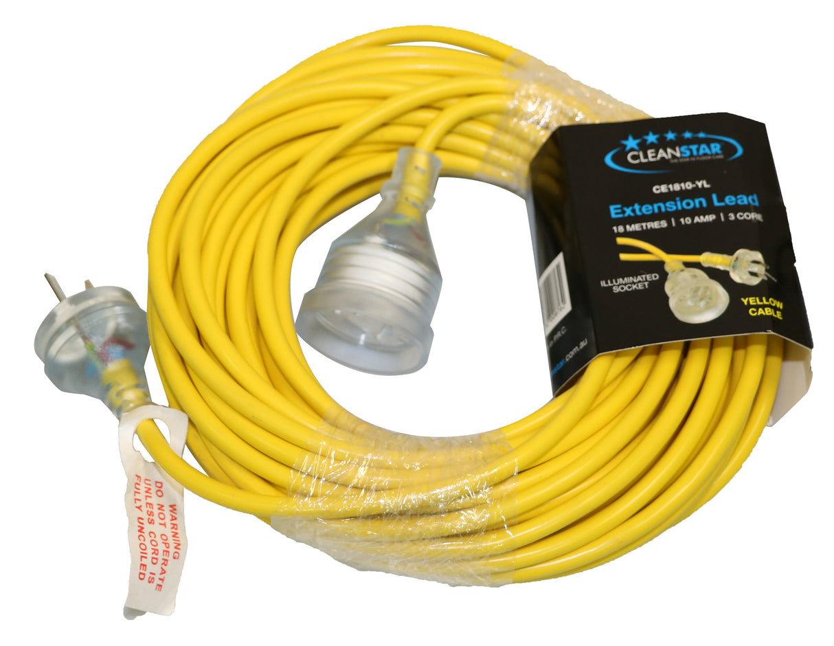 EXTENSION LEAD 18 metre 10AMP Yellow with illuminated socket