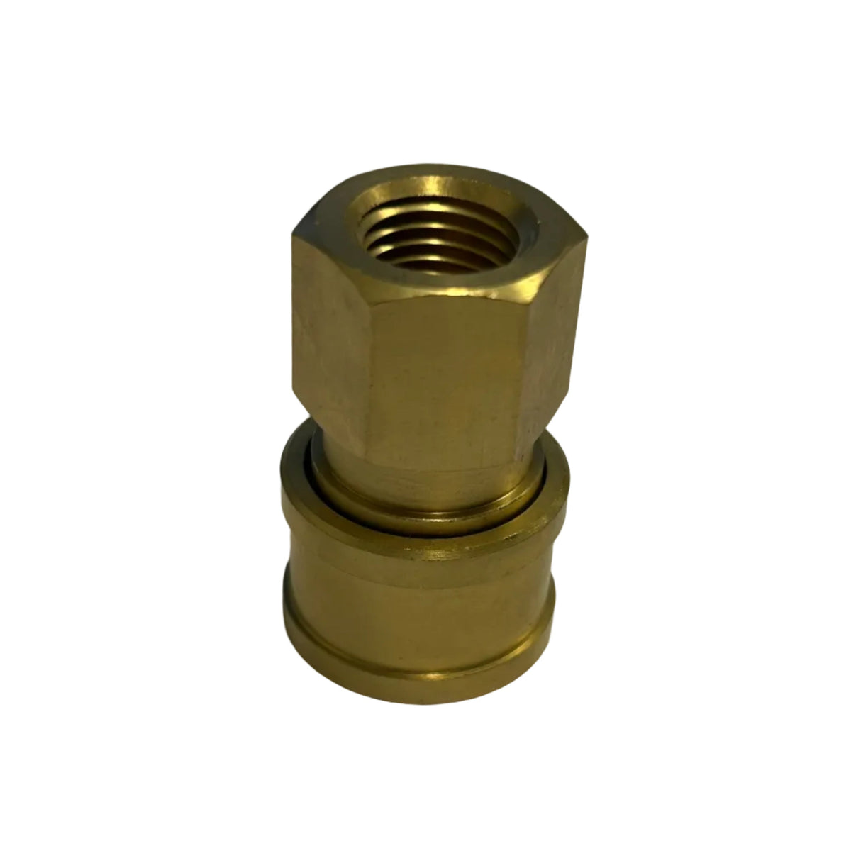 A brass hexagonal threaded pipe fitting with a flanged base, shown on a plain light gray background.