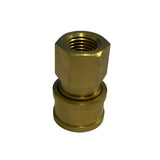 A brass hexagonal threaded pipe fitting with a flanged base, shown on a plain light gray background.