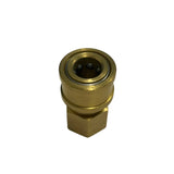 A small brass hexagonal connector fitting with a circular threaded top and visible internal ball bearing, shown on a light gray background.