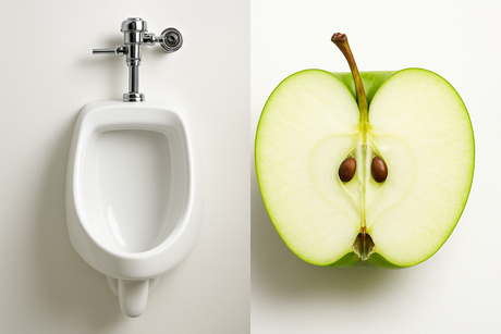HALF OF THE IMAGE TO BE OF A CERAMIC URINAL AND THE OTHER HALF TO BE A CUT GREEN APPLE