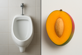 HALF OF THE IMAGE TO BE OF A CERAMIC URINAL AND THE OTHER HALF TO BE A CUT MANGO