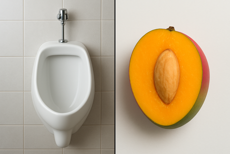 HALF OF THE IMAGE TO BE OF A CERAMIC URINAL AND THE OTHER HALF TO BE A CUT MANGO