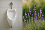 HALF OF THE IMAGE TO BE OF A CERAMIC URINAL AND THE OTHER HALF TO BE A LAVENDER PLANT