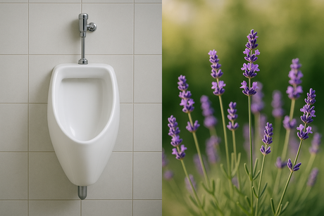 HALF OF THE IMAGE TO BE OF A CERAMIC URINAL AND THE OTHER HALF TO BE A LAVENDER PLANT
